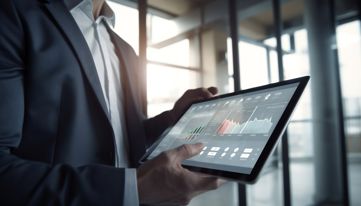 Geschäftsmann mit Tablet und Börsencharts